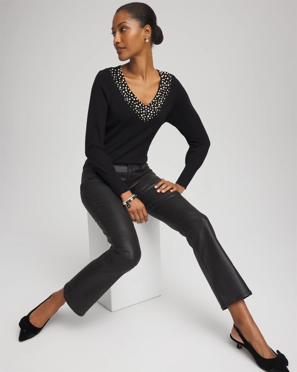 Chico's Ella Embellished V-Neck Sweater BLACK