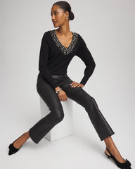 Chico's Ella Embellished V-Neck Sweater BLACK