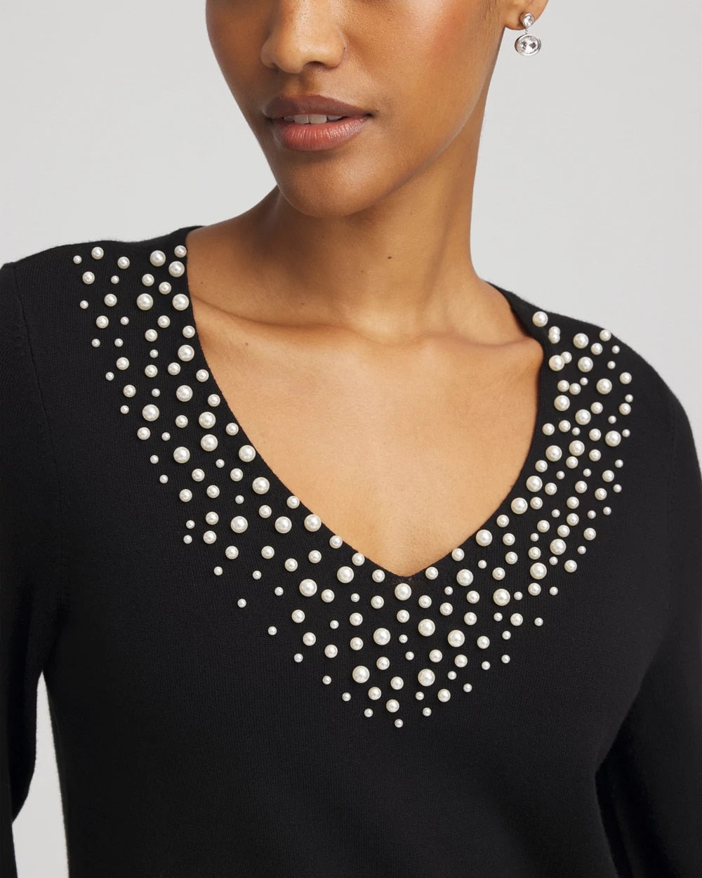 Chico's Ella Embellished V-Neck Sweater BLACK