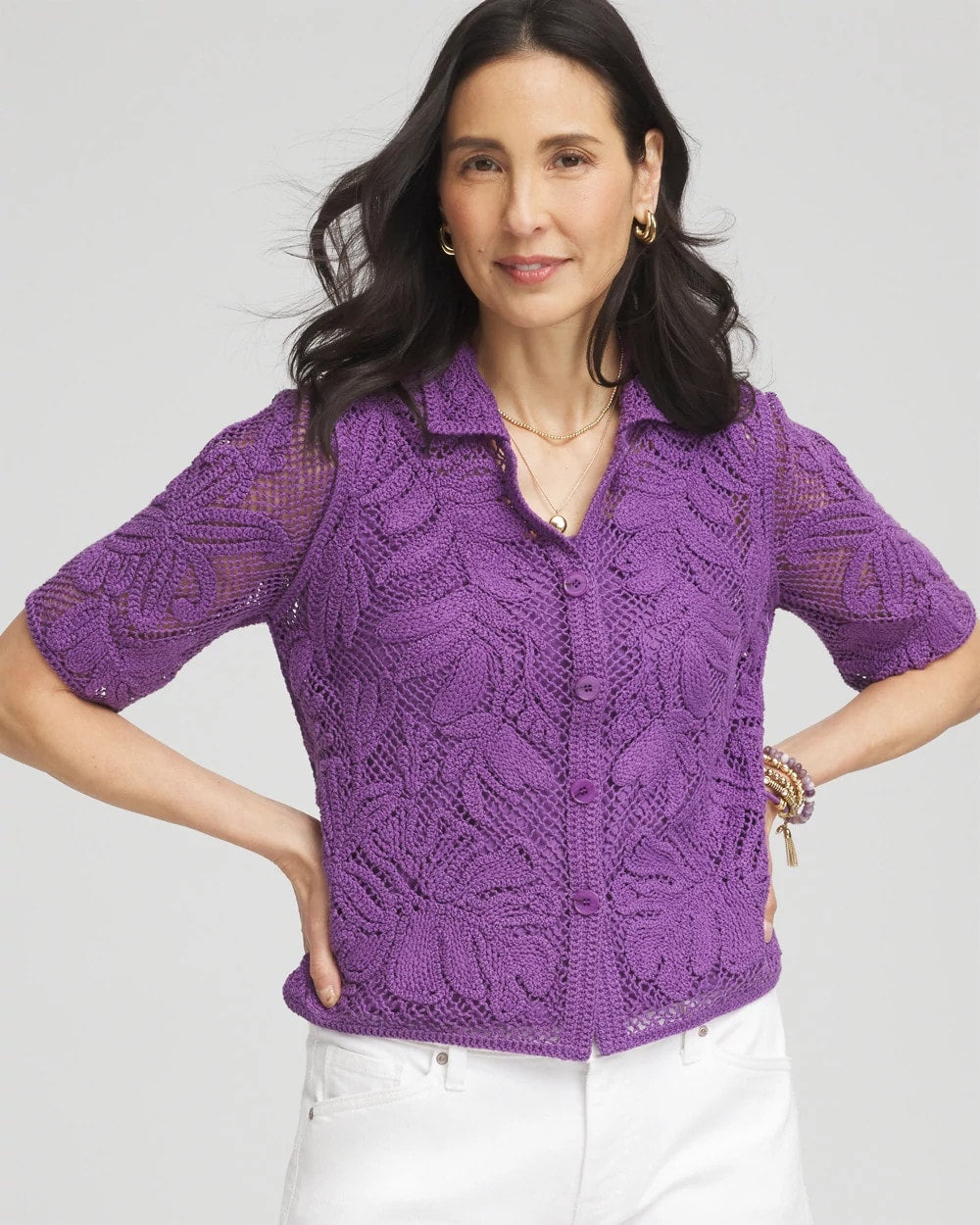 Chico's Palm-Frond Crochet-Lace Shacket PLUM SHADE