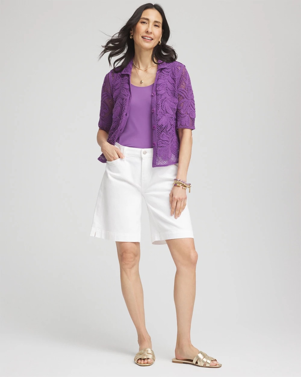 Chico's Palm-Frond Crochet-Lace Shacket PLUM SHADE