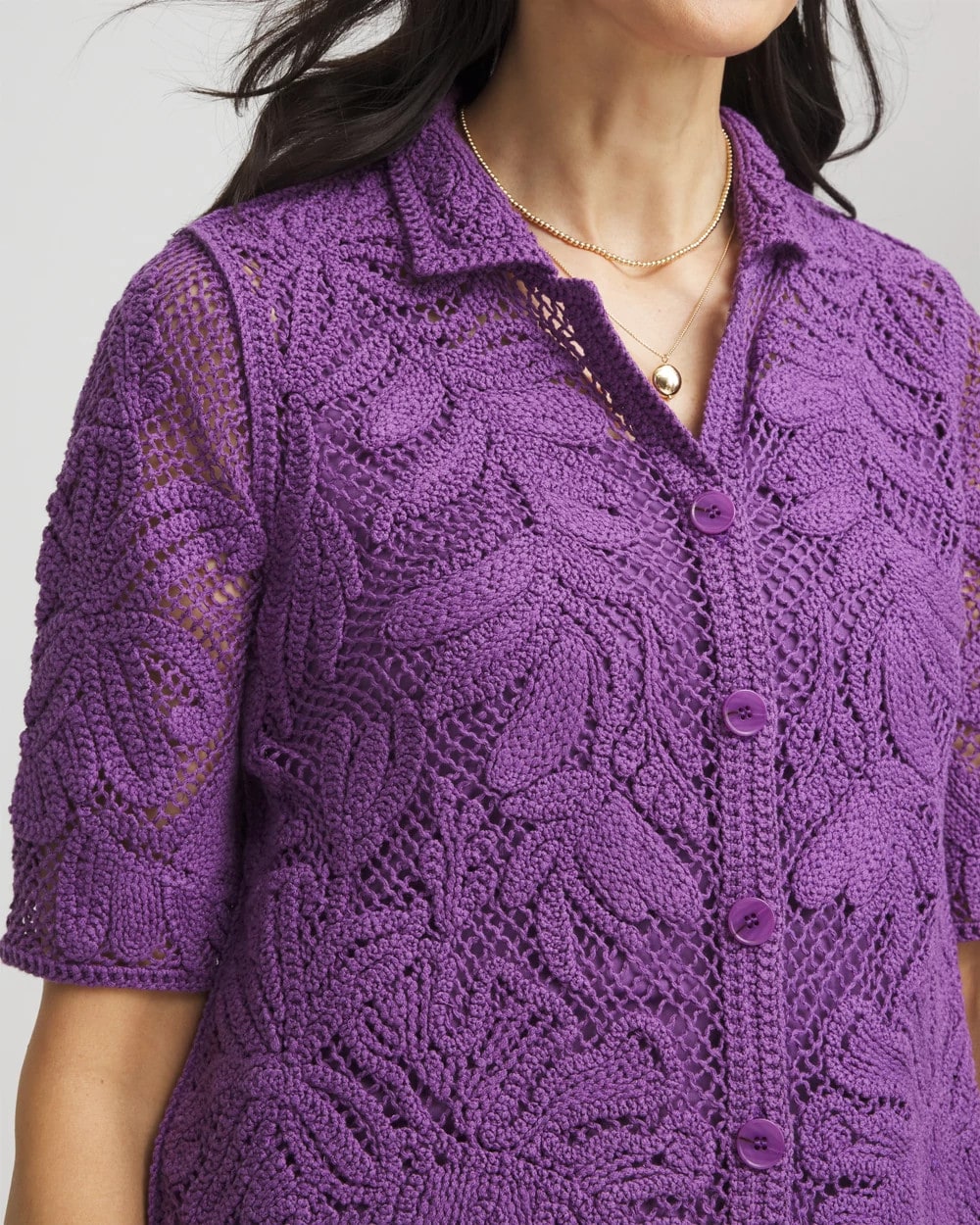 Chico's Palm-Frond Crochet-Lace Shacket PLUM SHADE
