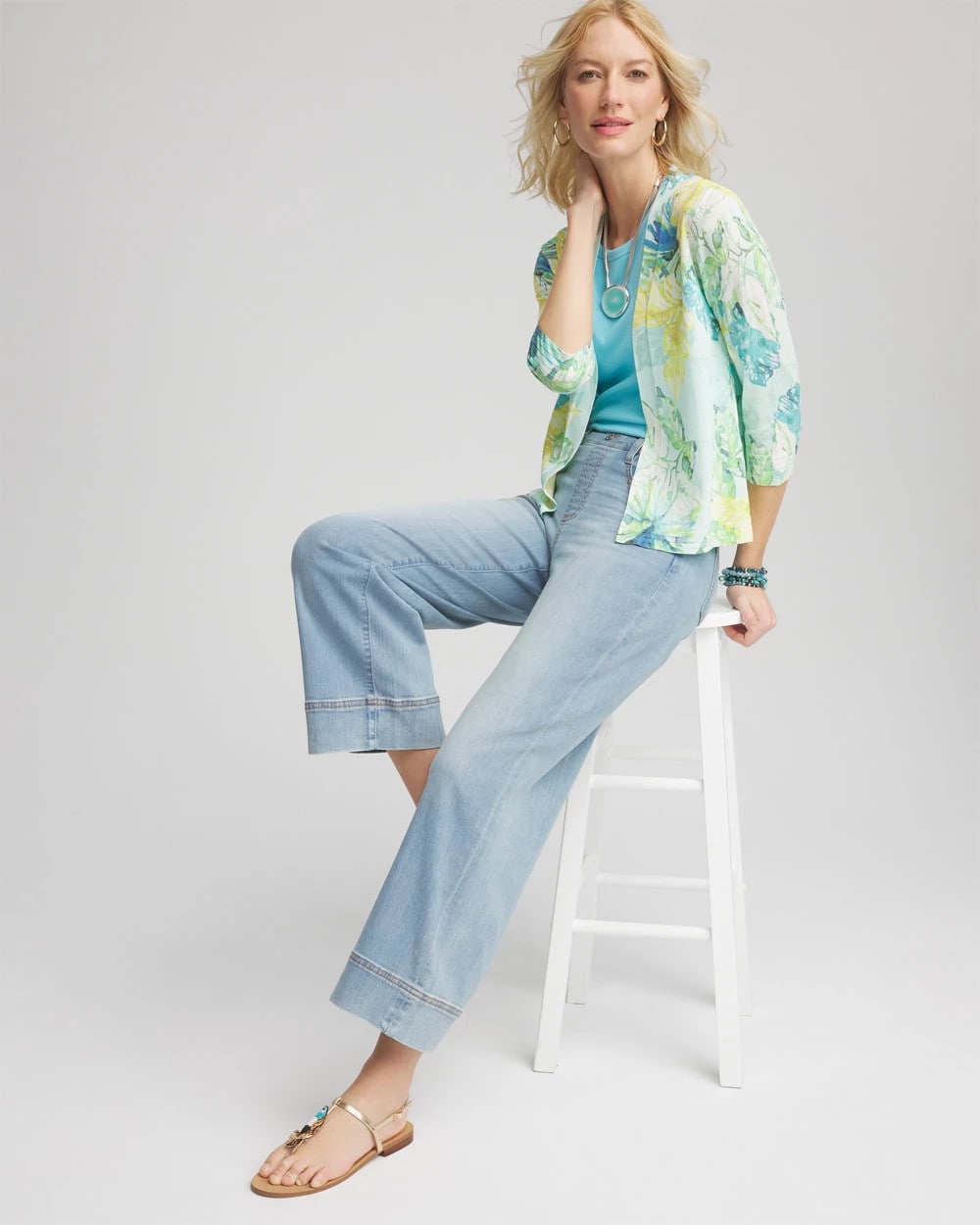 Chico's Tropical Summer Romance Short Cardigan AQUA