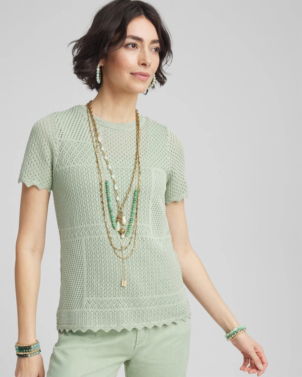 Chico's Pointelle Crewneck Sweater Tee MOROCCAN MINT
