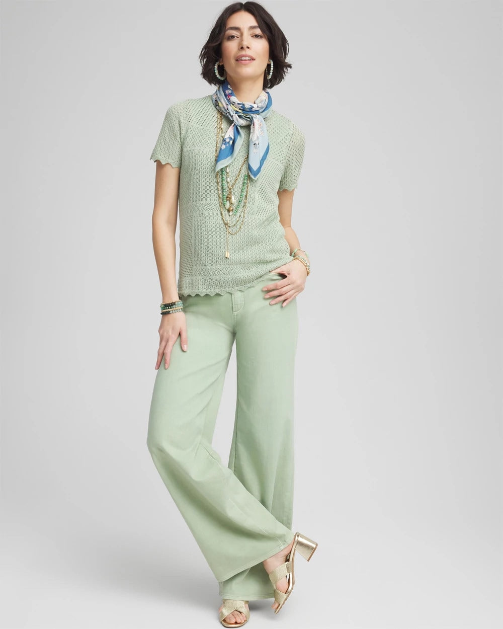 Chico's Pointelle Crewneck Sweater Tee MOROCCAN MINT