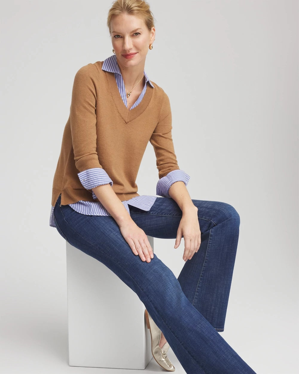 Chico's Camel Built-In Shirt Knit Sweater CARAMEL APPLE HEATHER