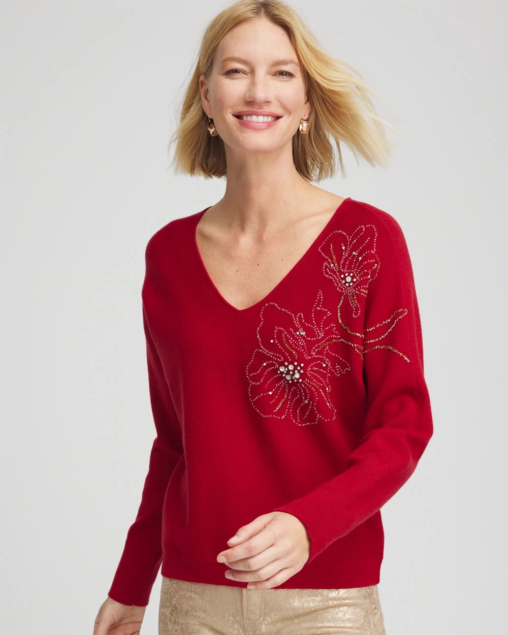 Chico's Floral Embellished Dolman V-Neck Pullover CARMINE RED