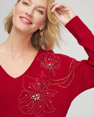 Chico's Floral Embellished Dolman V-Neck Pullover CARMINE RED