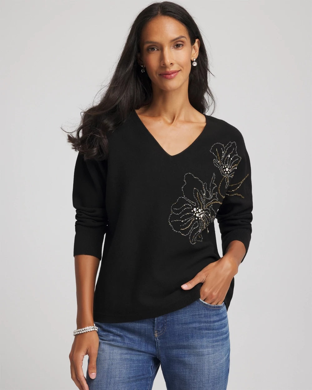 Chico's Floral Embellished Dolman V-Neck Pullover BLACK
