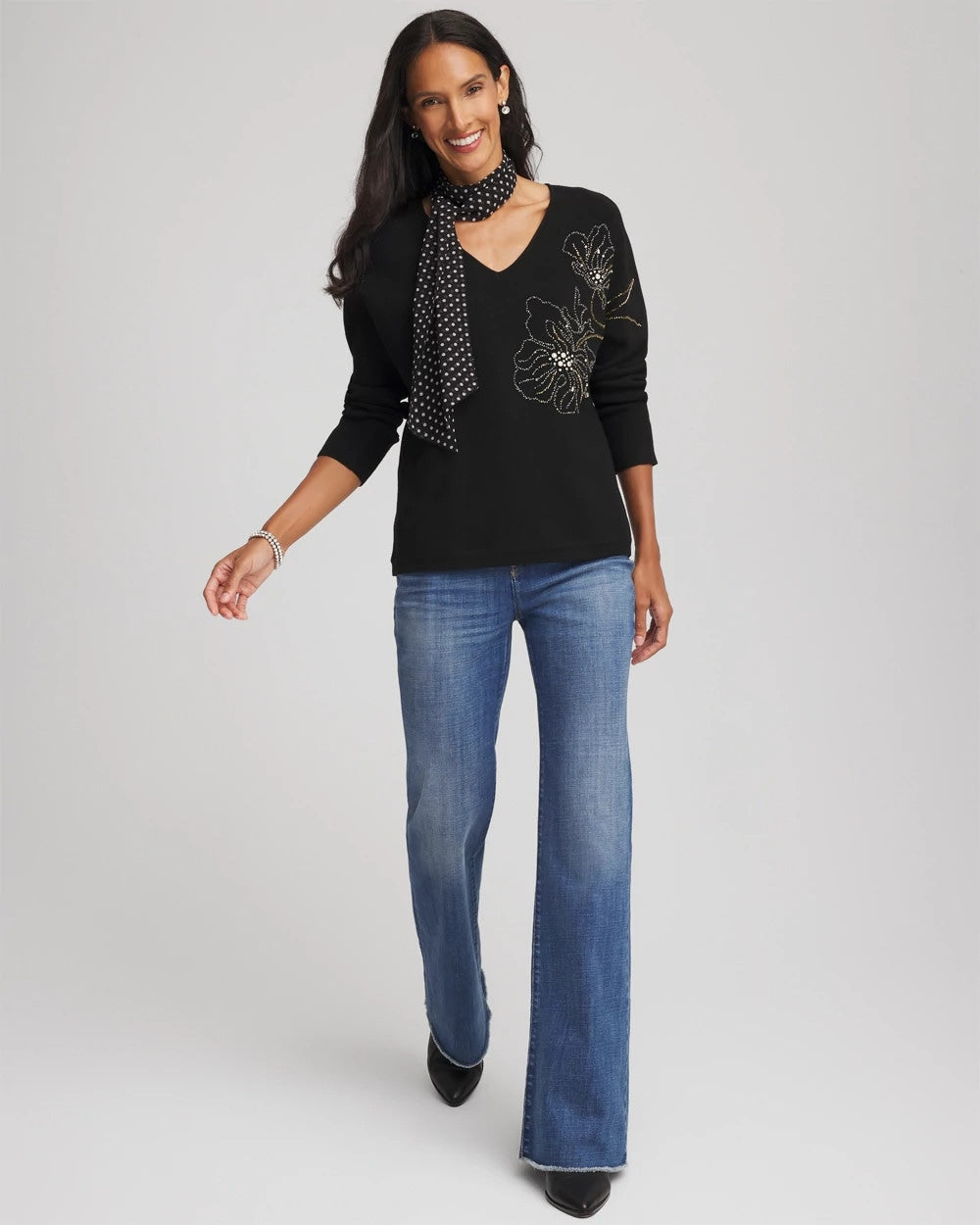Chico's Floral Embellished Dolman V-Neck Pullover BLACK