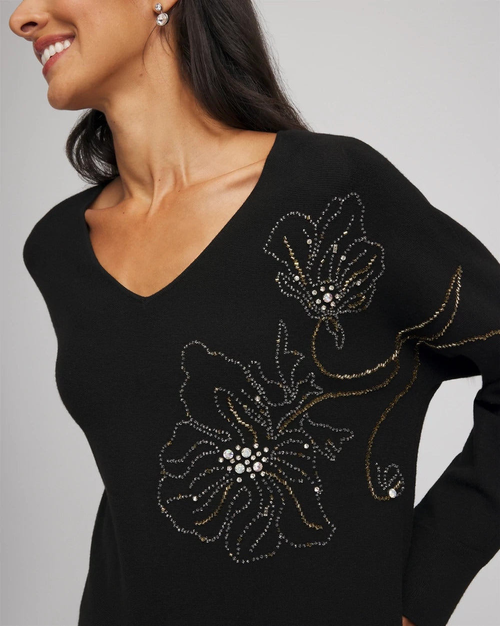 Chico's Floral Embellished Dolman V-Neck Pullover BLACK
