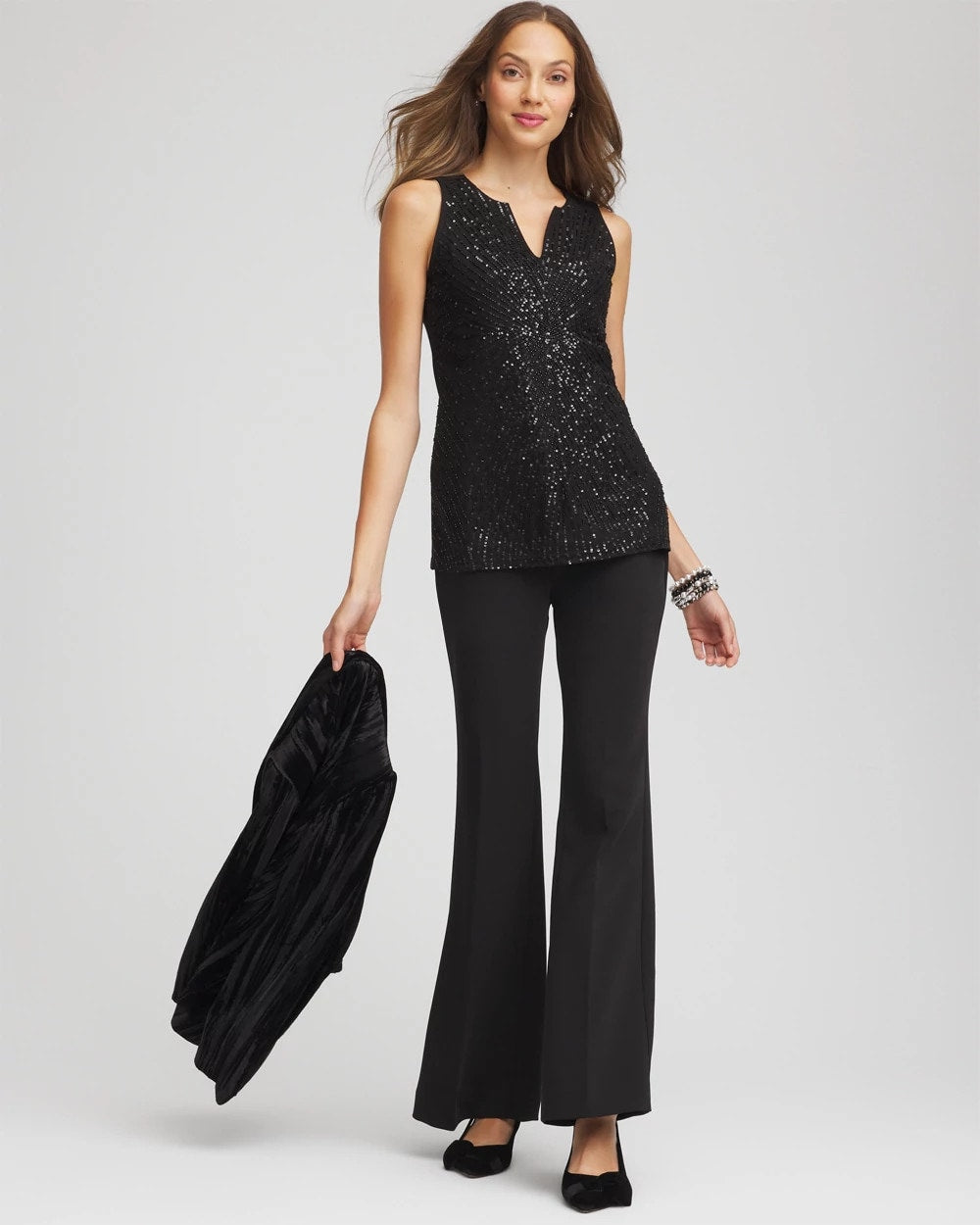 Chico's Sequin Beaded Notch Neck Tank BLACK