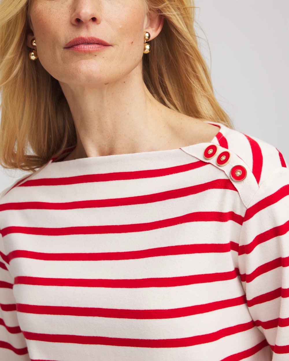 Chico's Bateau Neck Stripe Top LOVE LETTER RED