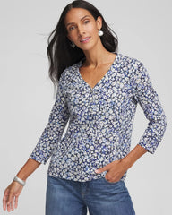 Chico's Printed Slub Splitneck Button Tee PASSPORT BLUE