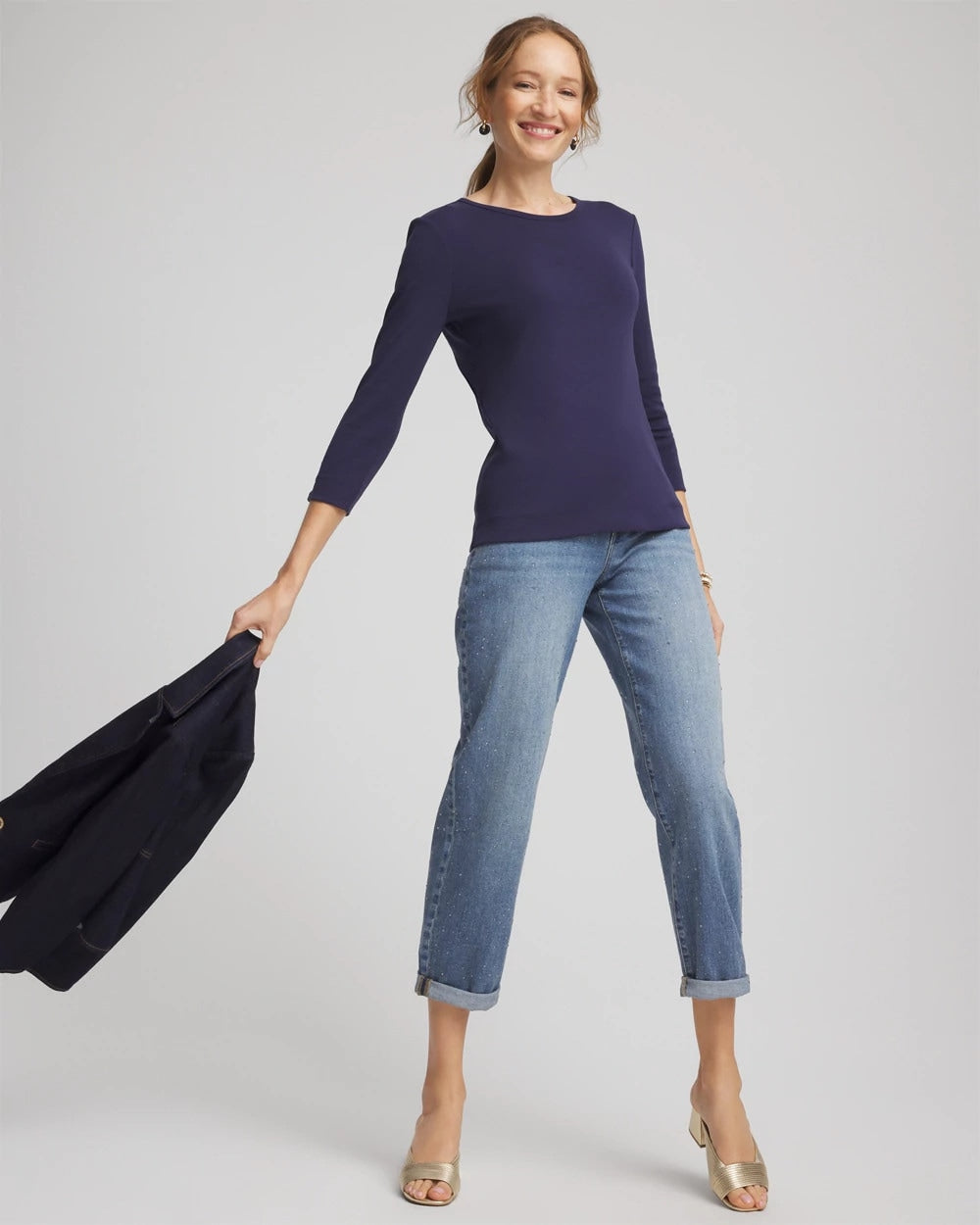 Chico's Pima Cotton Crewneck Button Tee PASSPORT BLUE