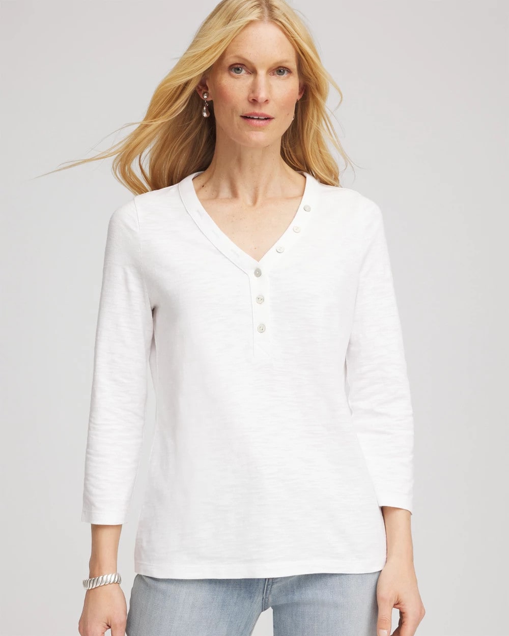 Chico's Slub Splitneck Button Tee ALABASTER