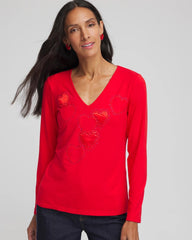 Chico's Embellished Heart V-Neck Tee LOVE LETTER RED