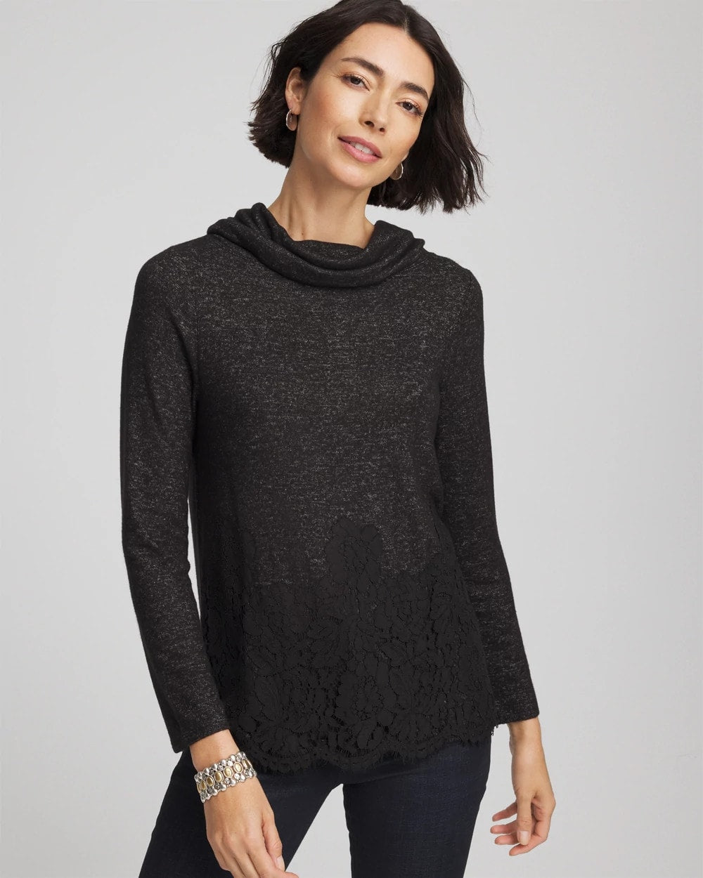 Chico's Lace Hem Cowlneck Top BLACK