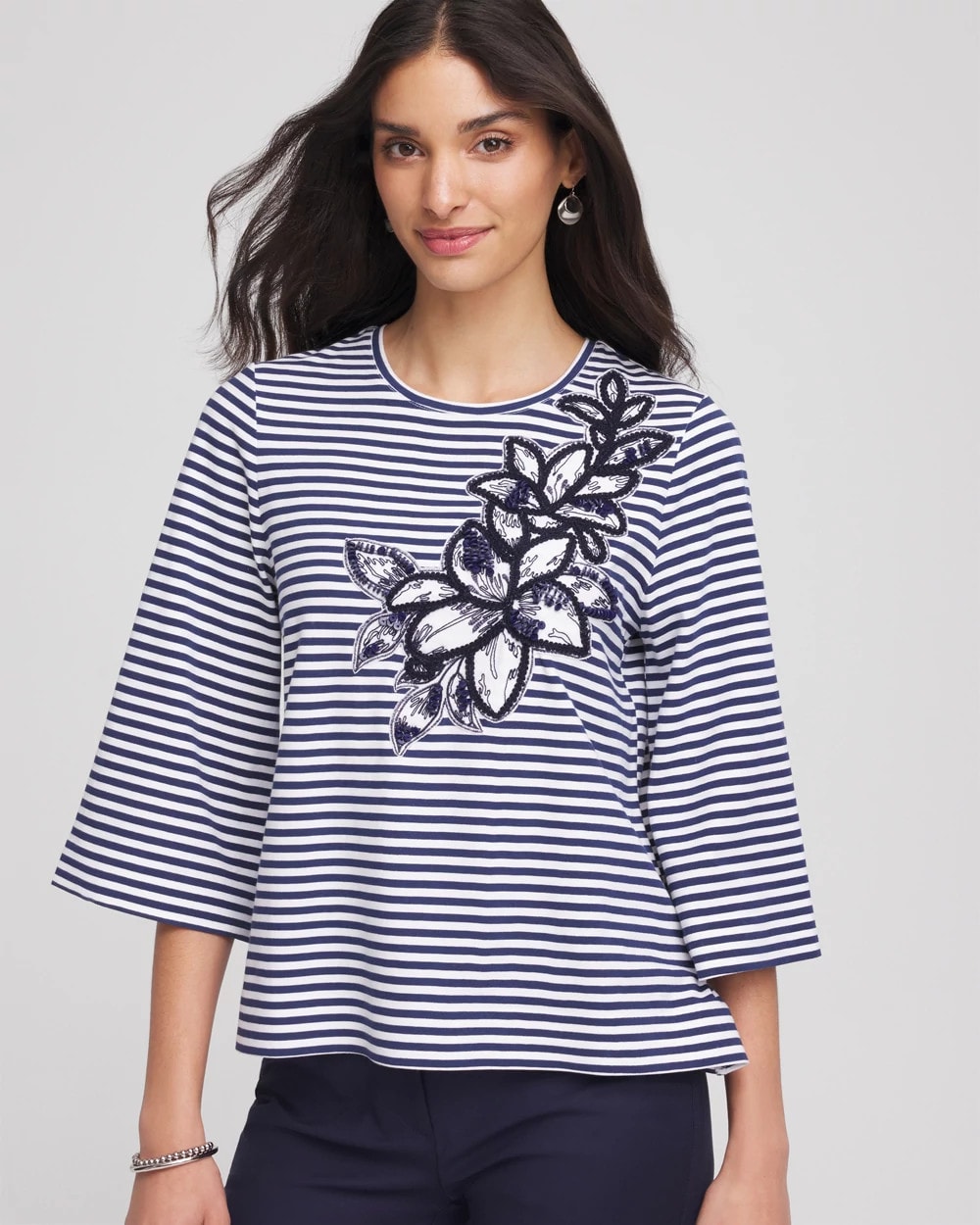Chico's Floral Embroidered Tee PASSPORT BLUE