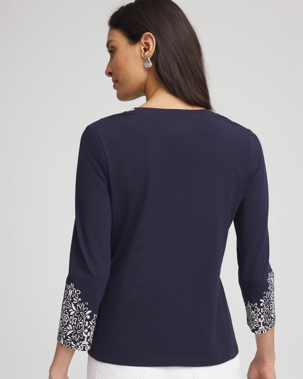 Chico's Chic Scroll 3/4 Sleeve Perfect Tee PASSPORT BLUE