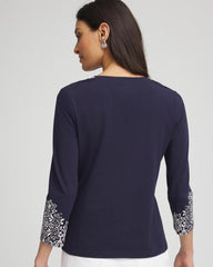 Chico's Chic Scroll 3/4 Sleeve Perfect Tee PASSPORT BLUE