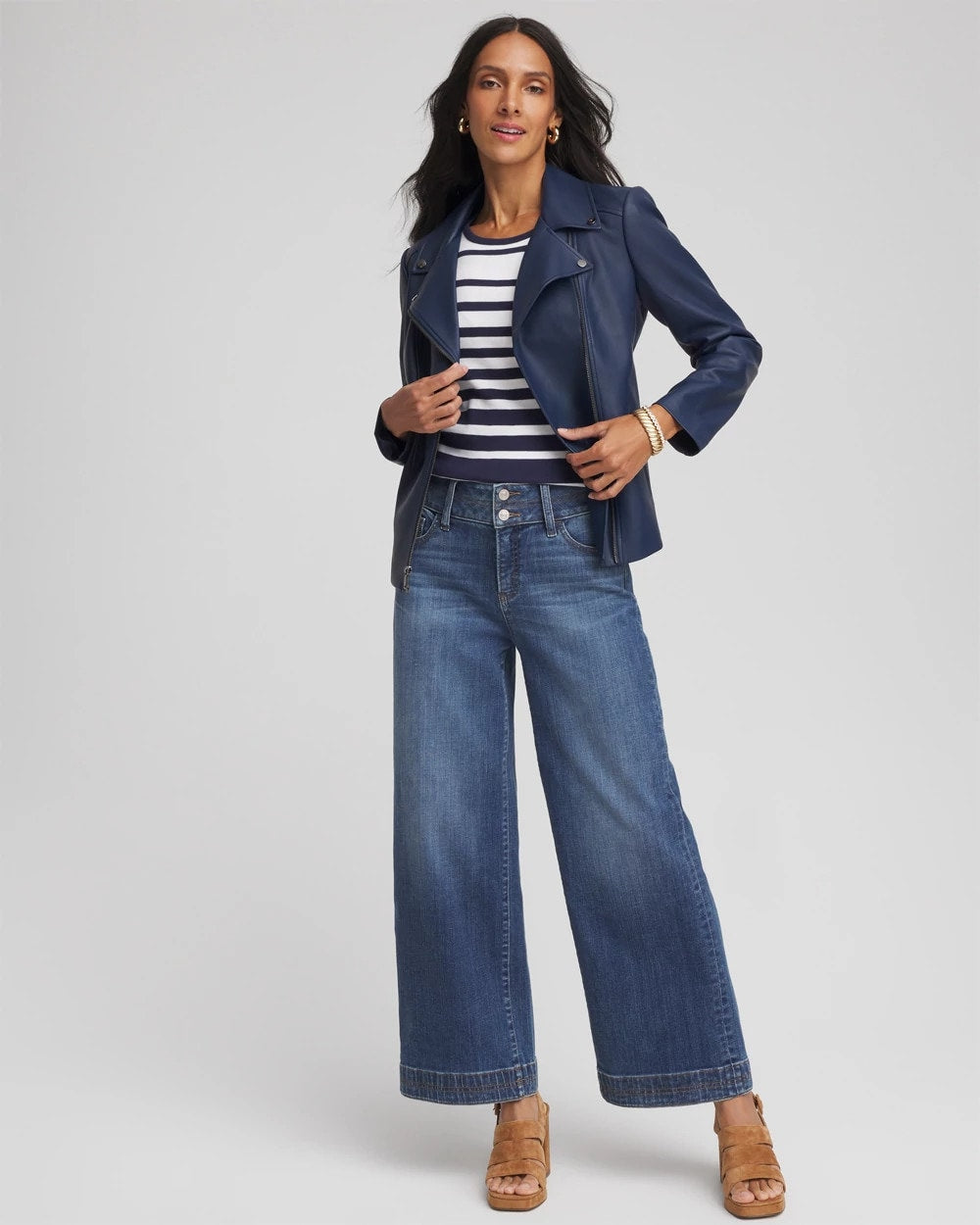 Chico's Striped 3/4 Sleeve Perfect Tee PASSPORT BLUE
