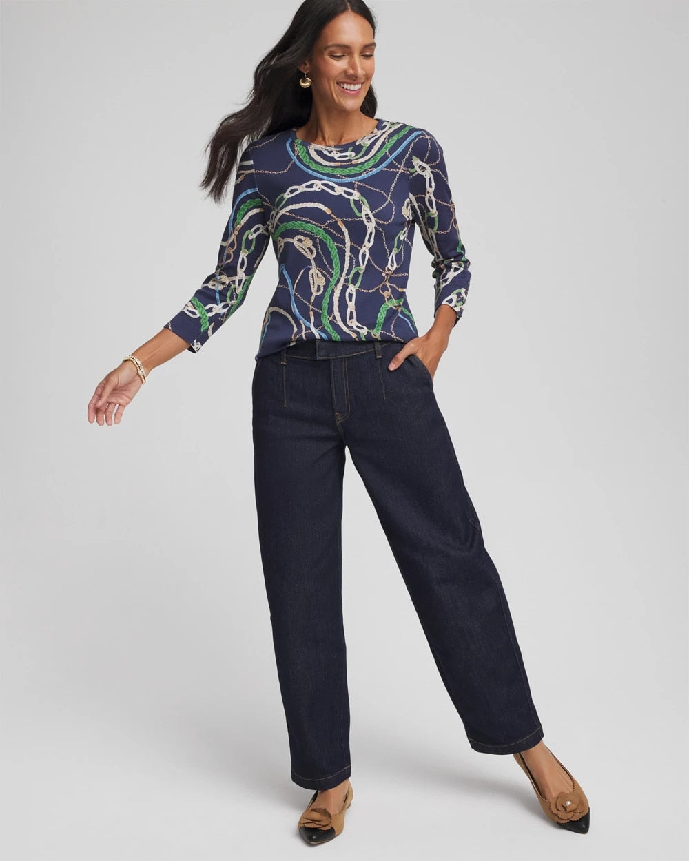 Chico's Status Pima Button Sleeve Tee HIDDEN SAPPHIRE