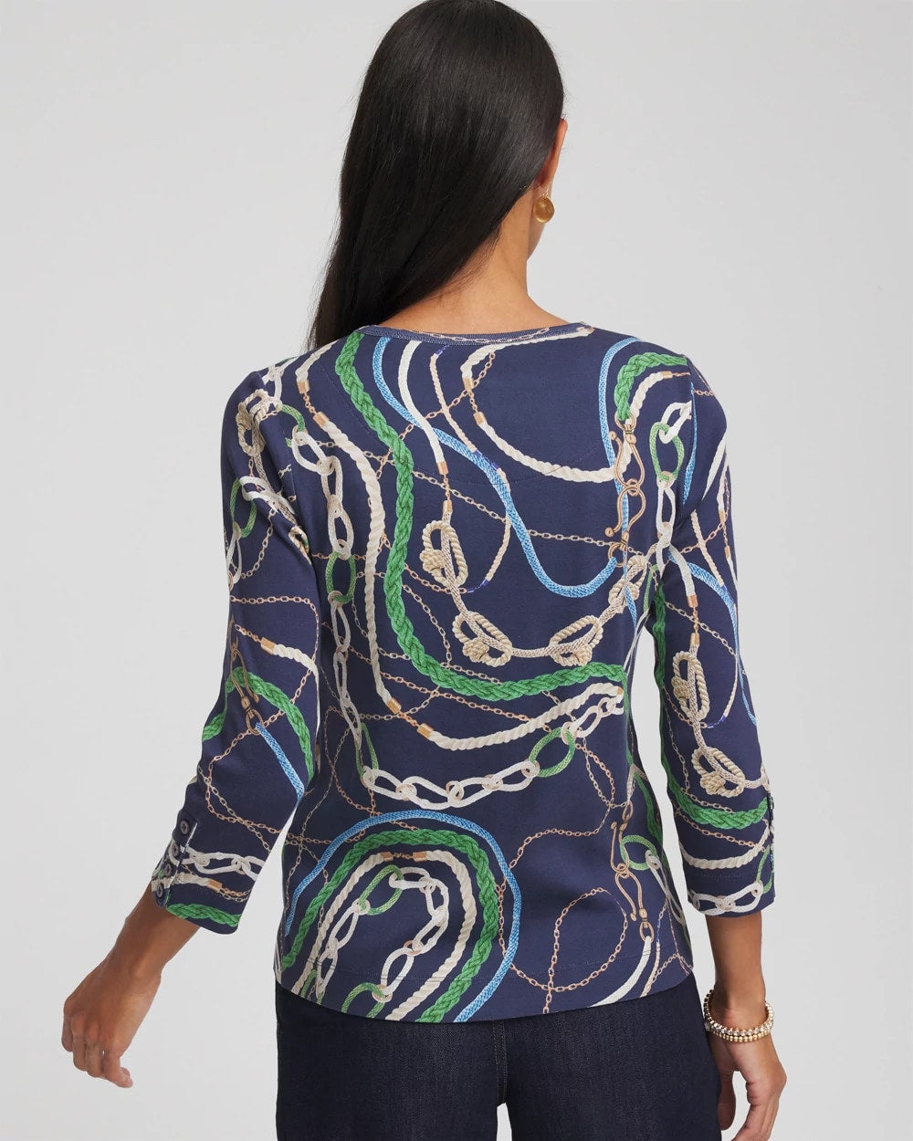 Chico's Status Pima Button Sleeve Tee HIDDEN SAPPHIRE