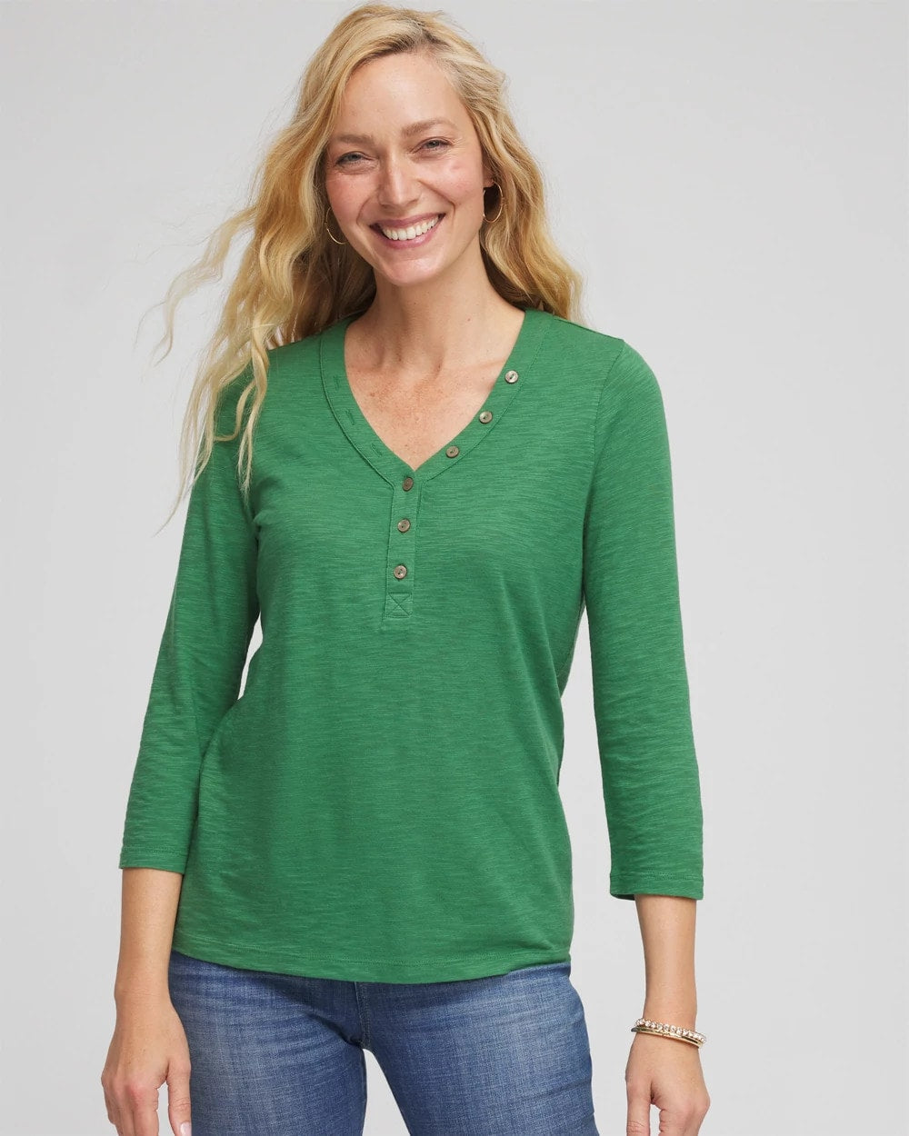 Chico's Slub Splitneck Button Tee JARDIN GREEN