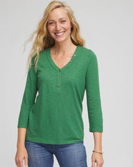 Chico's Slub Splitneck Button Tee JARDIN GREEN