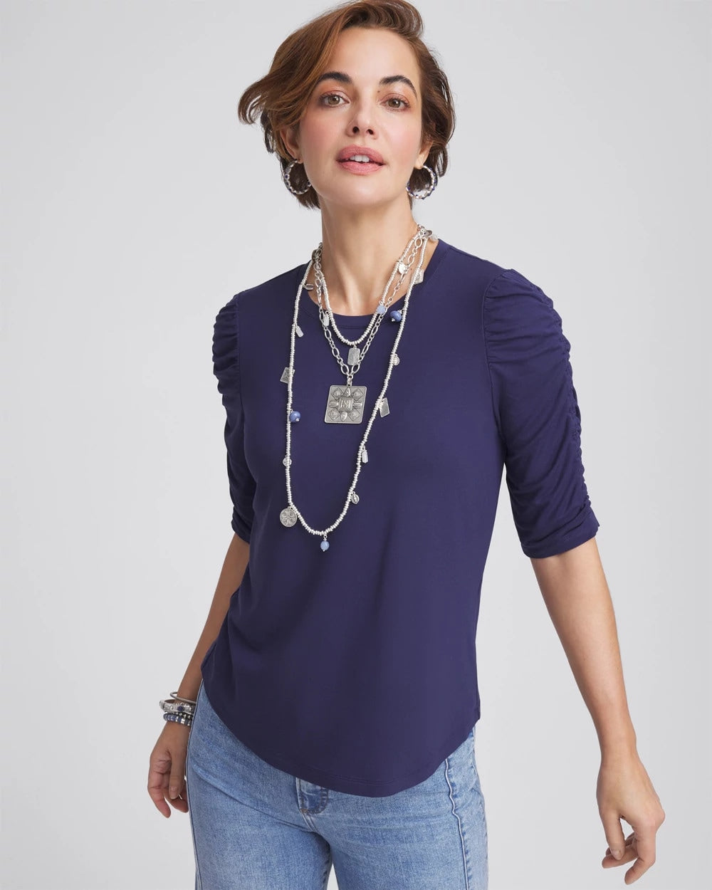 Chico's Ruched Sleeve Knit Tee PASSPORT BLUE