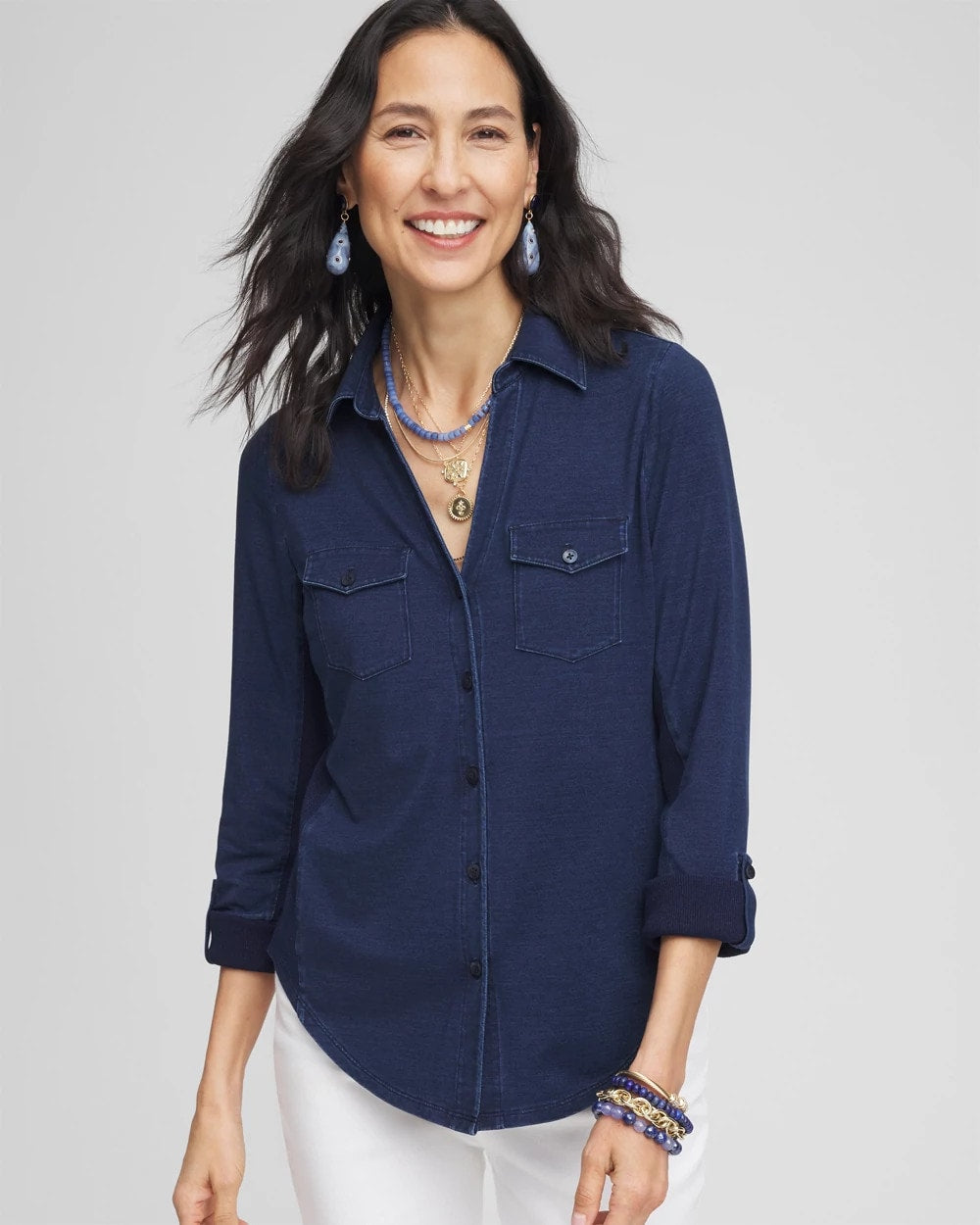 Chico's Collared Henley Denim Top RIVIERA AUTHENTIC
