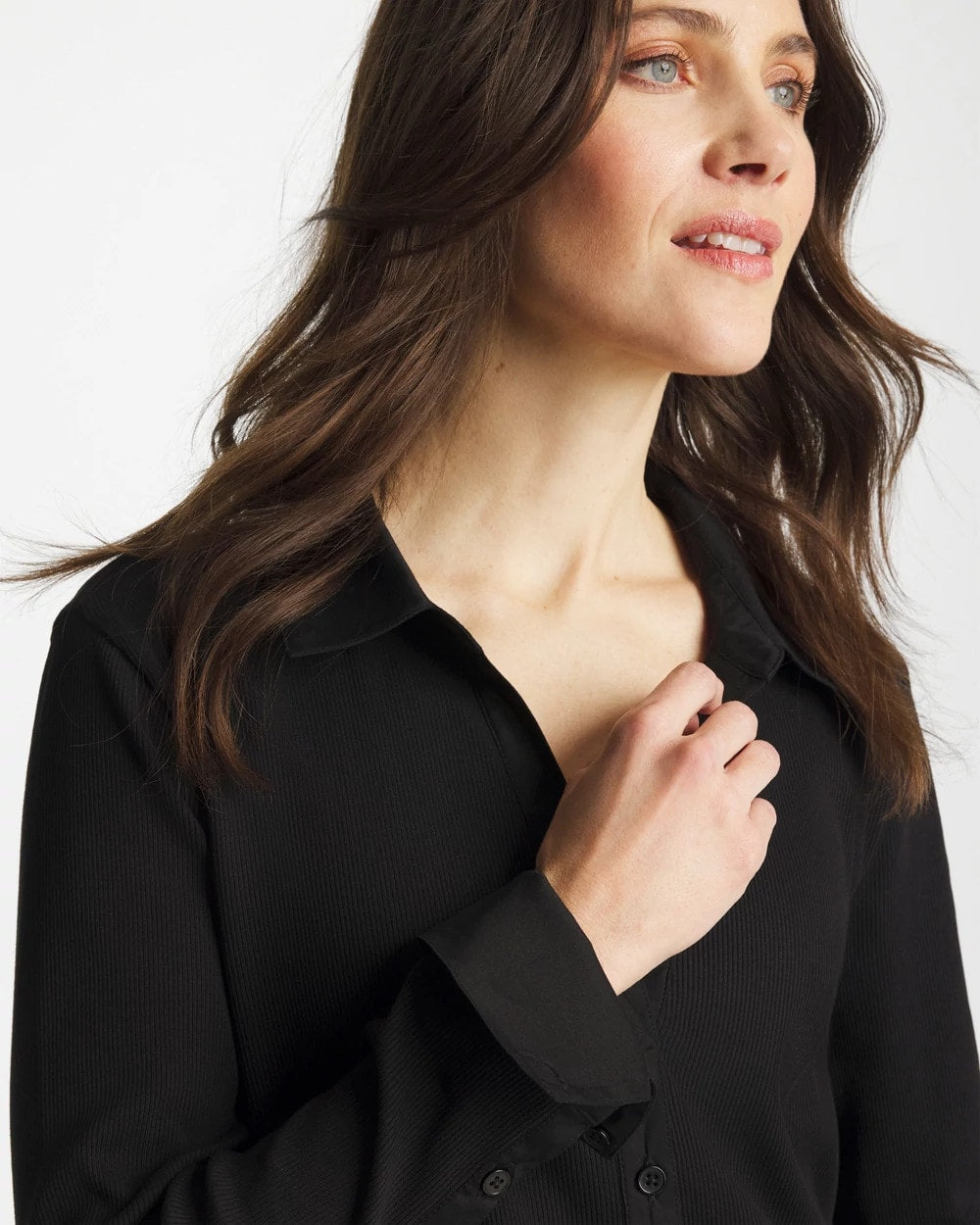Chico's Collared Rib Mix Henley BLACK