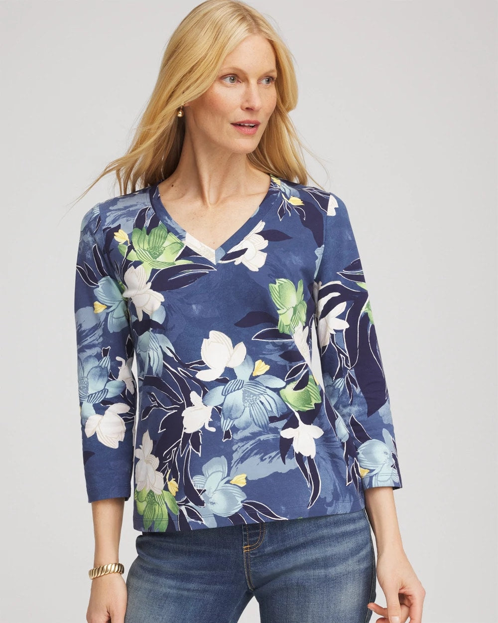 Chico's Printed 3/4 Sleeve Perfect Tee PASSPORT BLUE