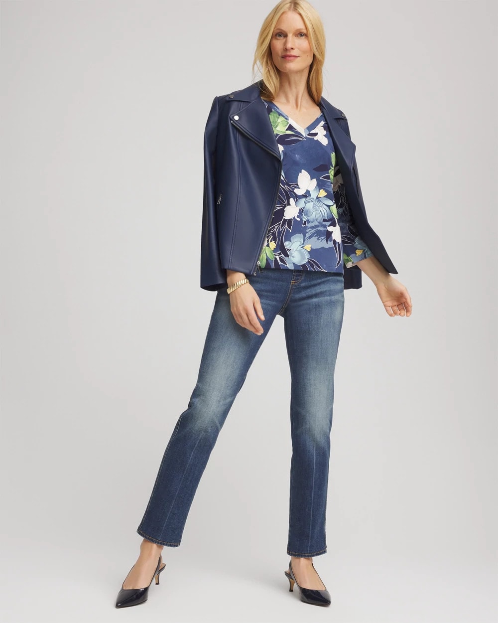 Chico's Printed 3/4 Sleeve Perfect Tee PASSPORT BLUE