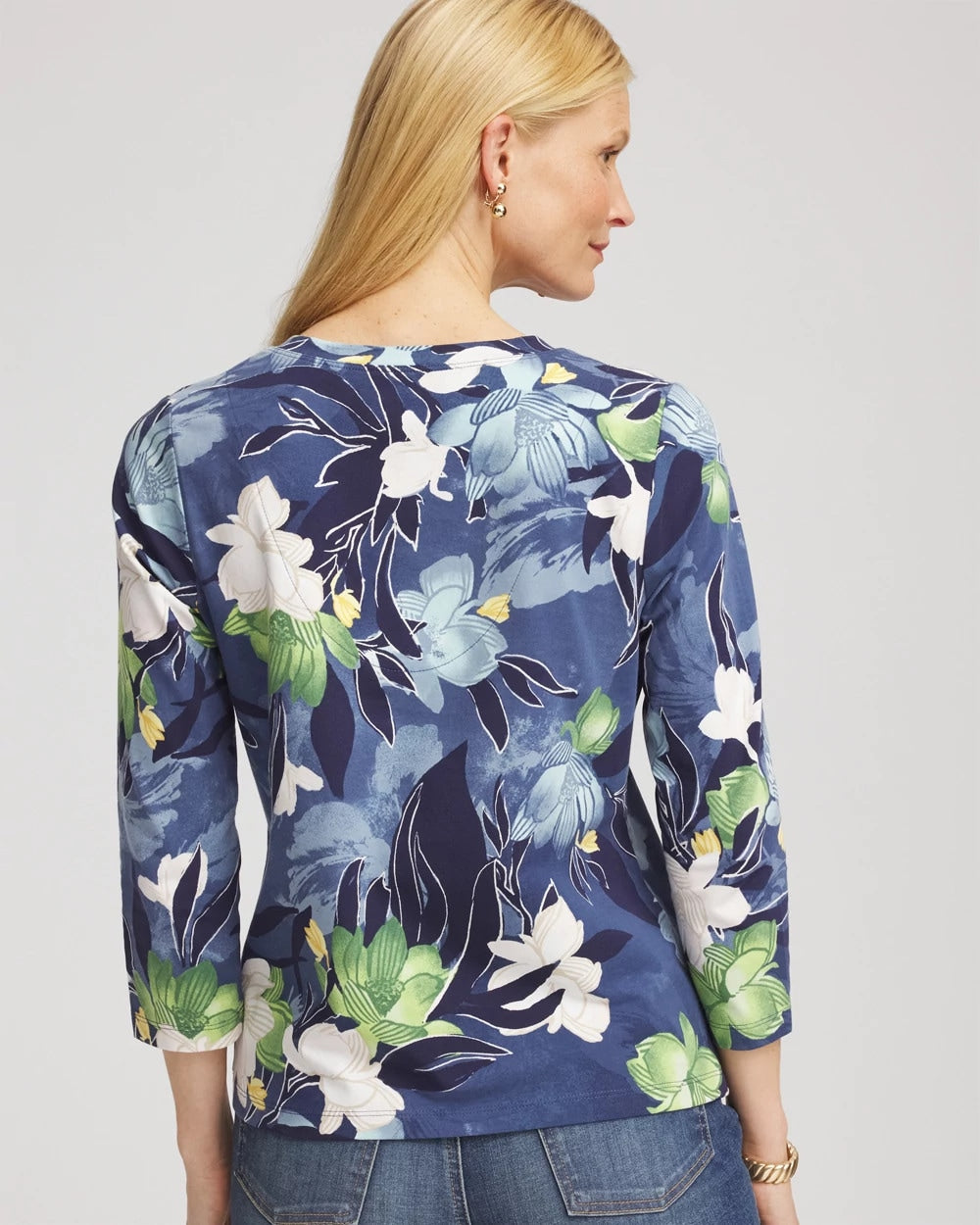 Chico's Printed 3/4 Sleeve Perfect Tee PASSPORT BLUE