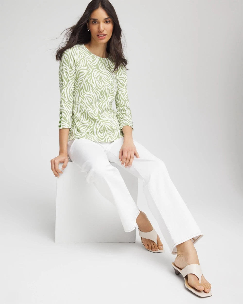 Chico's Pima Button Sleeve Tee GRASSY GREEN