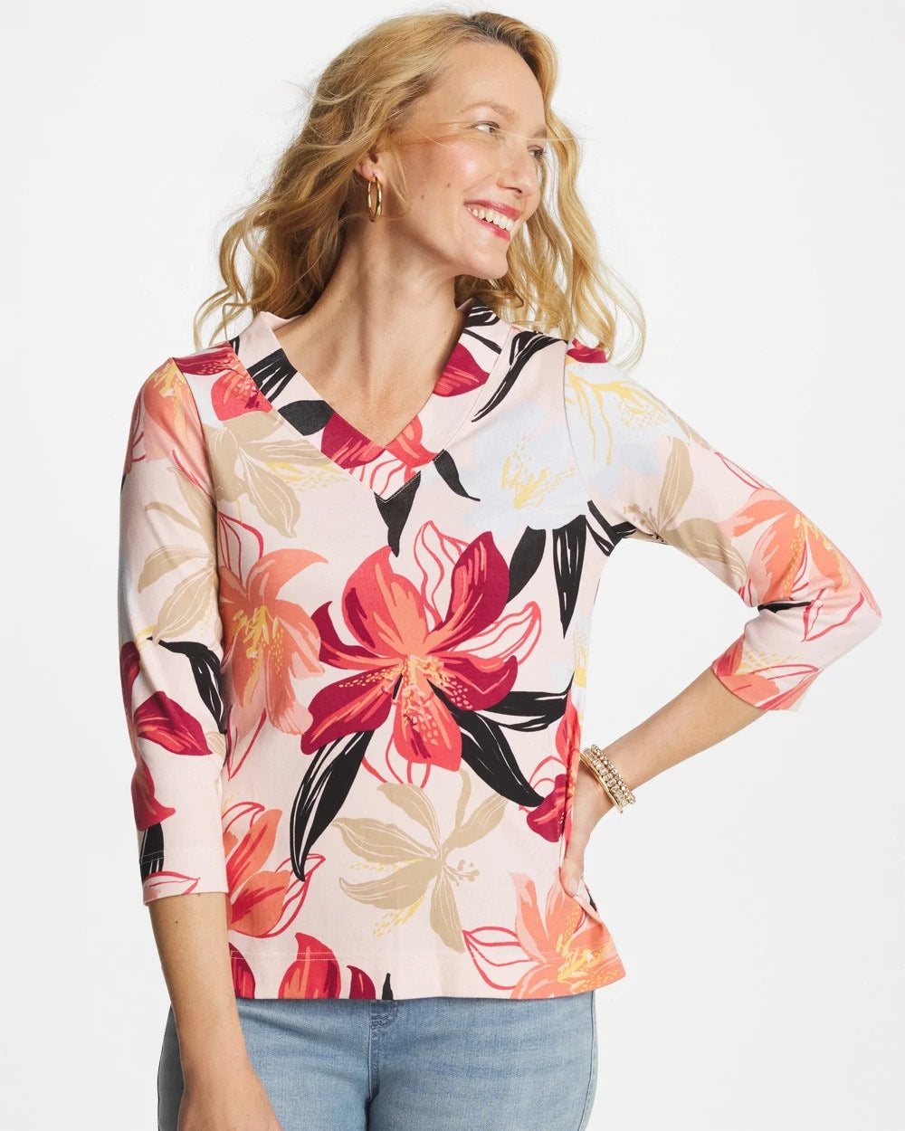 Chico's Pima Cotton 3/4 Sleeve Tee FOLKLORIC RED
