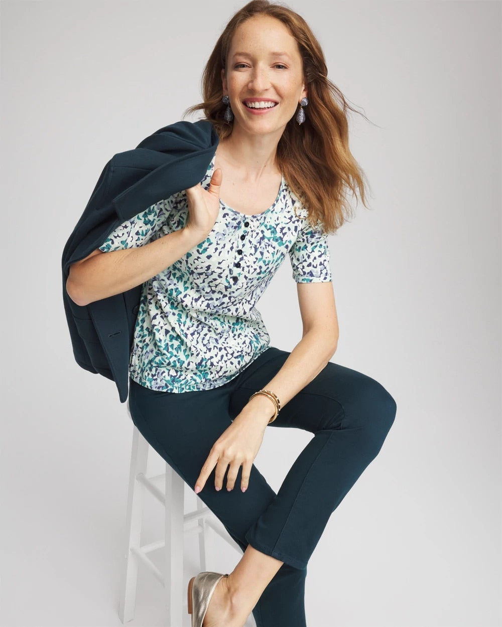 Chico's Pima Cotton Henley Tee INDIGO SKY
