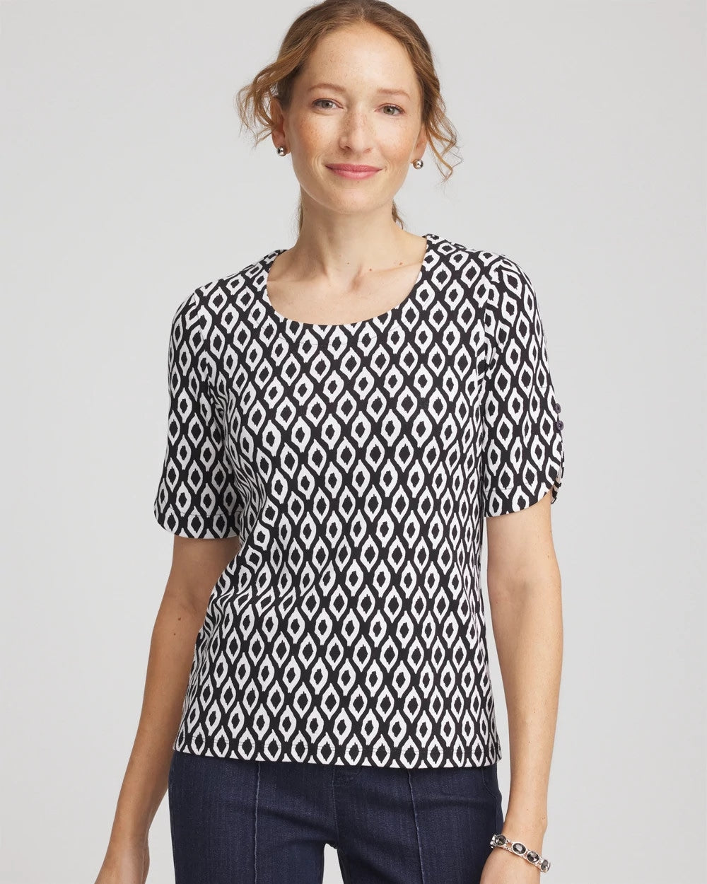Chico's Printed Pima Elbow Sleeve Tee BLACK