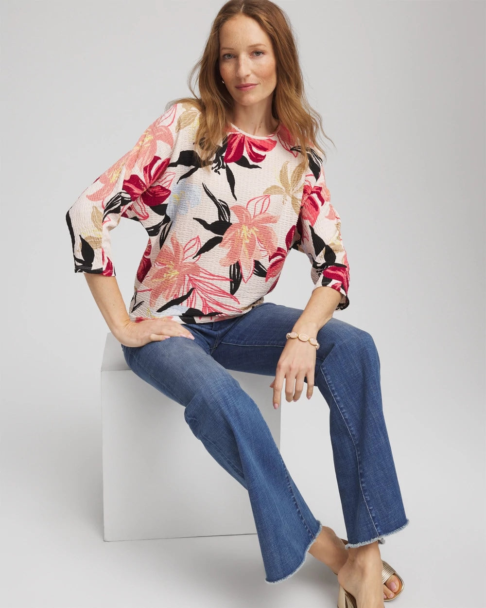 Chico's Textured Tapered Dolman Top FOLKLORIC RED