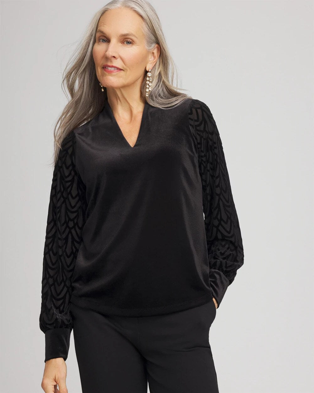 Chico's Art Deco Velvet Burnout Top BLACK