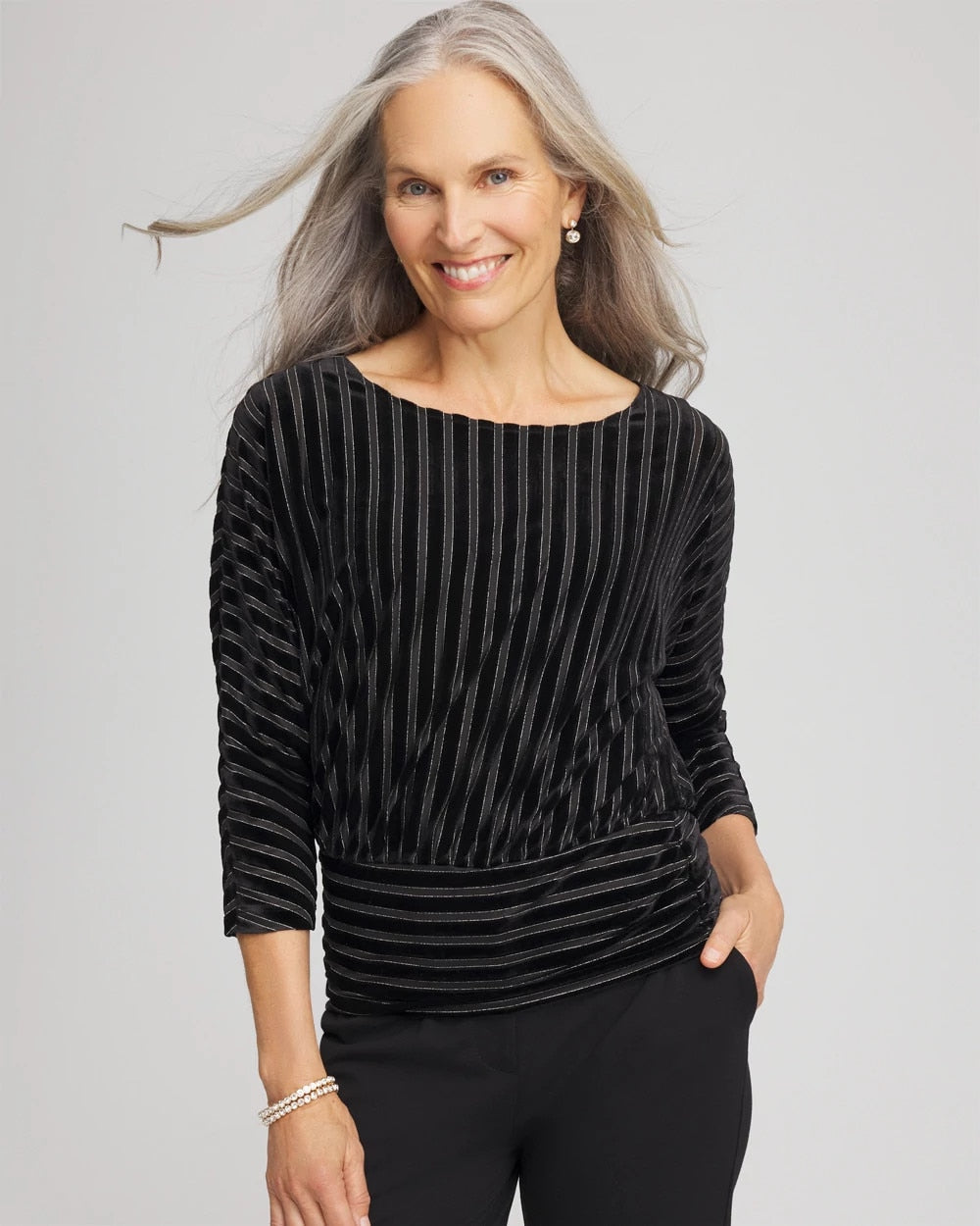 Chico's Velvet Burnout Stripe Banded-Bottom Top BLACK