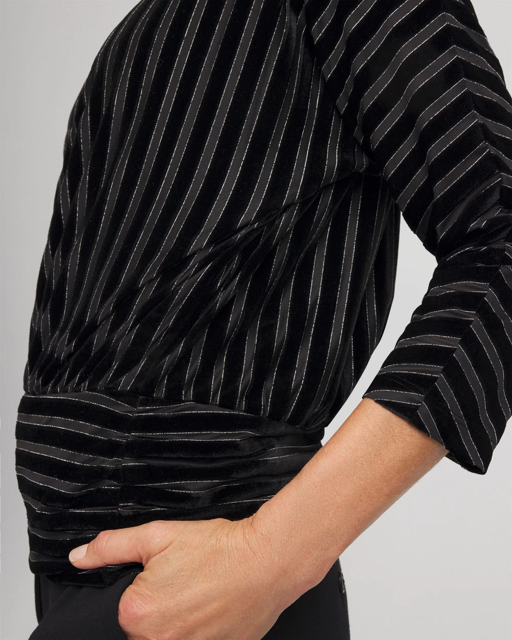Chico's Velvet Burnout Stripe Banded-Bottom Top BLACK