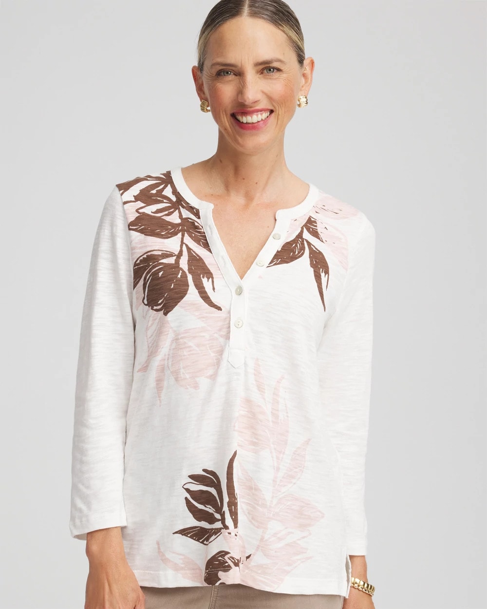 Chico's Slub Splitneck Henley Tee ROSE SMOKE