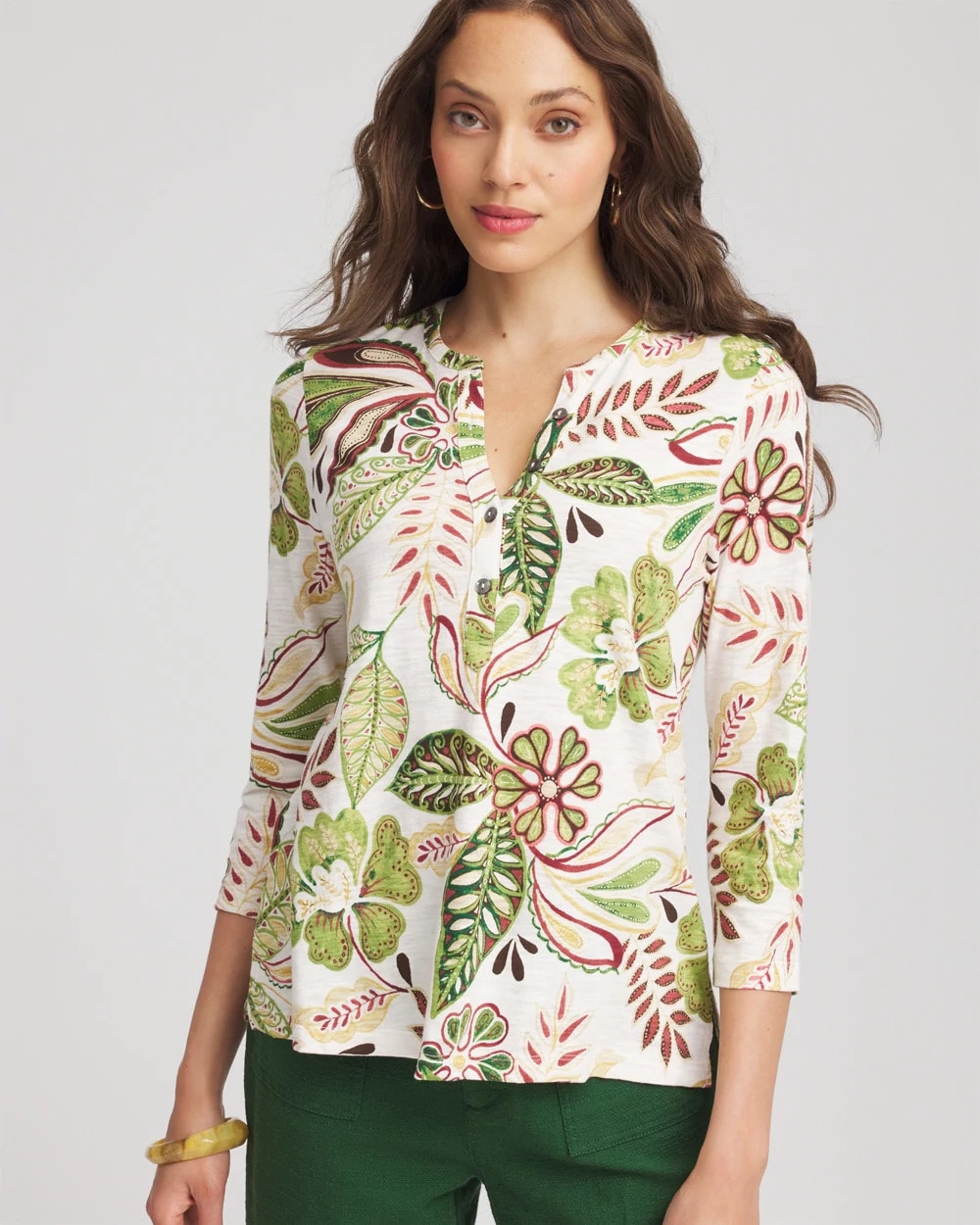 Chico's Tropical Cotton Slub Henley Shirt ECRU
