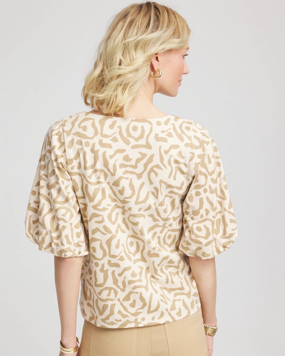 Chico's Animal Print Bubble Sleeve Top GLISTENING SAND
