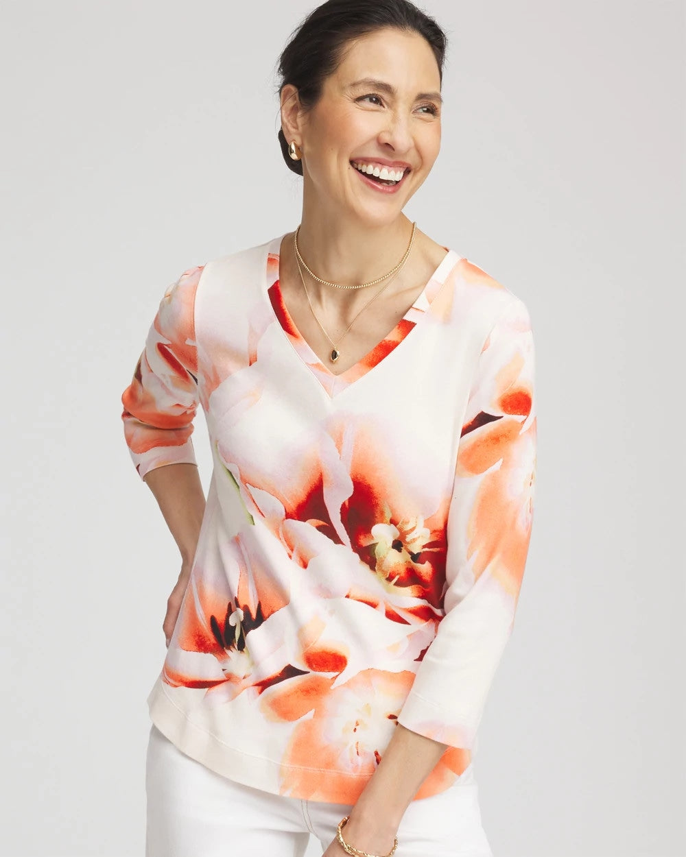 Chico's Tropical Floral 3/4 Sleeve Tee ORANGE TANGO