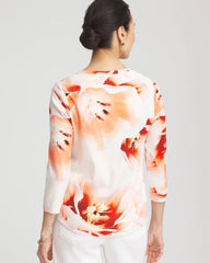 Chico's Tropical Floral 3/4 Sleeve Tee ORANGE TANGO