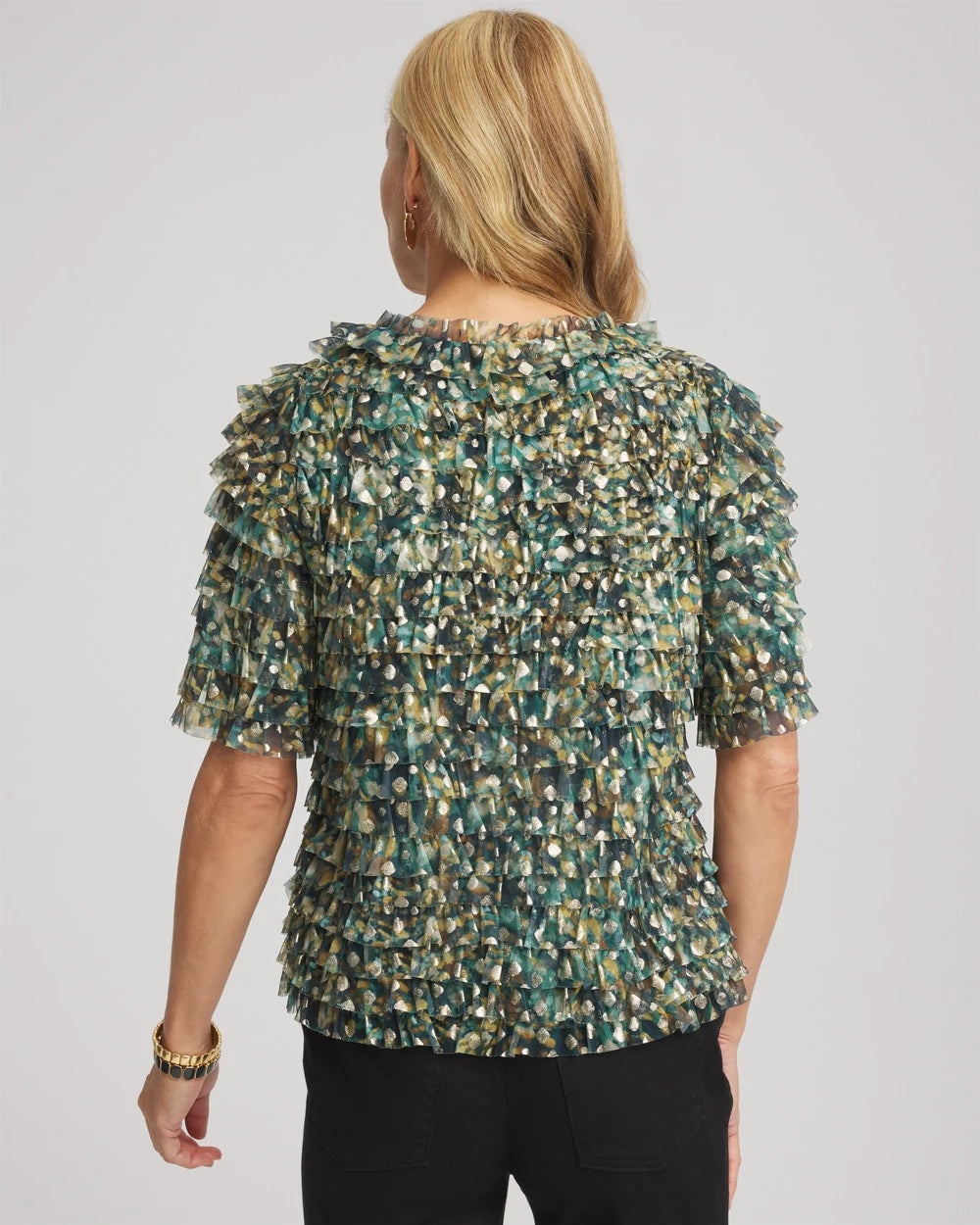 Chico's Foiled Mesh Ruffle Crop Tee DARKEST SPRUCE